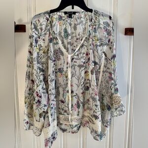 Elegant Sheer Floral Lace Trim Blouse